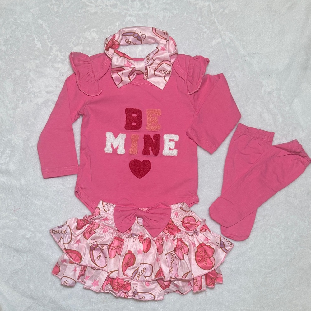 NEW baby girls Valentines 4 piece Be Mine outfit o sir & ruffle skirt 6/9mo